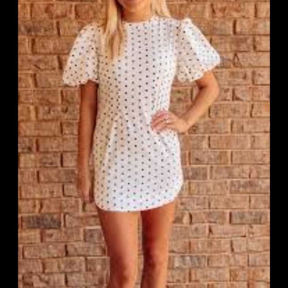 Olivaceous Puff Sleeve Polka Dot Navy/White Dress